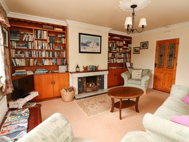 A living room with bookshelves a fireplace and seating at The Lodge in Churchtown near Beaufort County Kerry