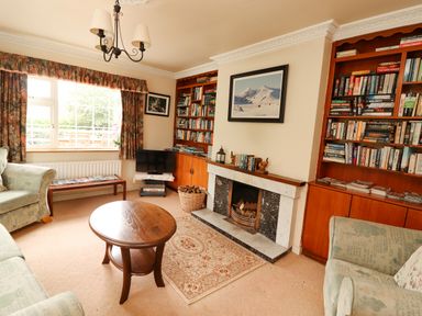 A living room with couches a wooden coffee table bookshelves a fireplace and a window at The Lodge in Churchtown near Beaufort County Kerry