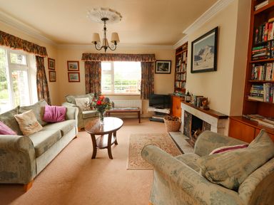 A living room with sofas a coffee table a fireplace and bookshelves at The Lodge Churchtown near Beaufort County Kerry