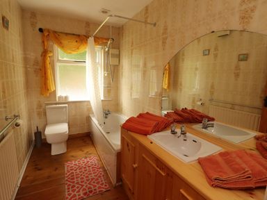 A bathroom with a bathtub shower toilet wooden sink cabinet and orange towels at The Lodge in Churchtown near Beaufort County Kerry
