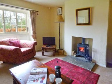 A living room with a red armchair a wooden coffee table a small television a wood-burning stove and a red rug at The White Cottage in Bridlington