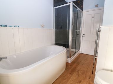 A bathroom with a bathtub shower enclosure wooden floor and white paneled walls at Ty'r Ysgol in Morfa Bychan