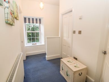 A hallway with blue carpet a window with striped blind a radiator wall light and a painted wooden chest at Ty'r Ysgol in Morfa Bychan