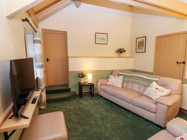 A living room with a beige leather sofa a television on a shelf a small wooden side table with a lamp and flowers at Foxglove in Newport Pembrokeshire