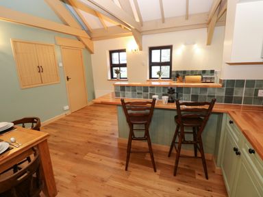 A kitchen with wooden chairs and countertops a green tiled backsplash and wooden floor at Foxglove in Newport Pembrokeshire