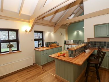 A kitchen with wooden counters green cabinets two windows and two bar stools at Foxglove in Newport Pembrokeshire