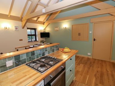 A kitchen area with a gas stove and wooden countertop and a dining table with chairs and a television on the wall at Foxglove in Newport Pembrokeshire