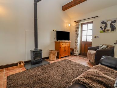A living room with a wood stove and television on a wooden cabinet at Dairy Barn in Pershore