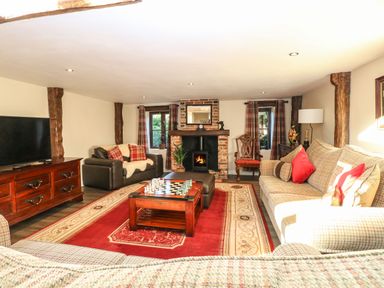 A living room with a fireplace two sofas a chessboard on a wooden table and a large rug at The Barn in Saham Hills near Swaffham
