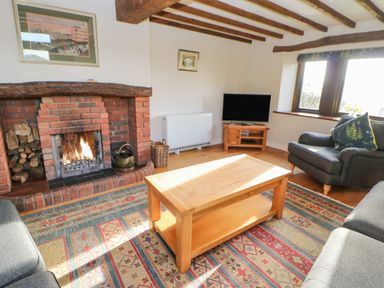 A living room with a fireplace and wooden beams at Hadrians View Banks near Brampton