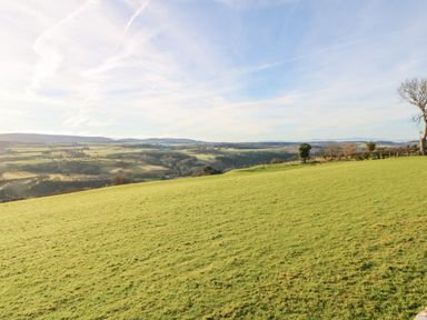 A grassy hillside with trees and rolling fields under a partly cloudy sky at Hadrian's View in Banks near Brampton