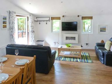 A living room with black leather sofas a wooden coffee table and a wall mounted television at Top Lodge 4 Skiptory Howe White Cross Bay near Troutbeck Bridge