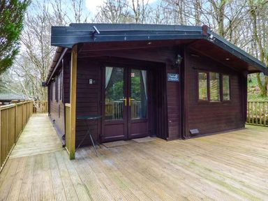 A wooden cabin with a deck and railing surrounded by trees at Top Lodge 4 Skiptory Howe White Cross Bay near Troutbeck Bridge