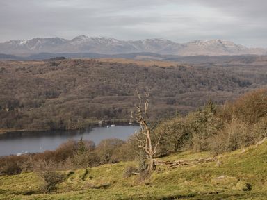 A landscape with a lake surrounded by trees and hills with mountains in the background at Winster Fields in Cartmel Fell near Windermere