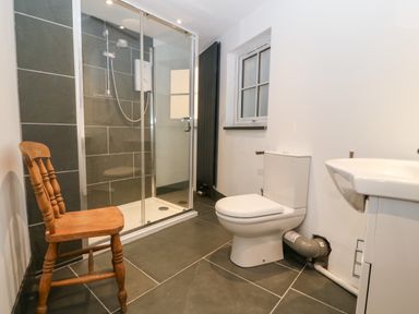 A bathroom with a wooden chair a shower toilet and sink at Garth Morthin The Stables in Porthmadog