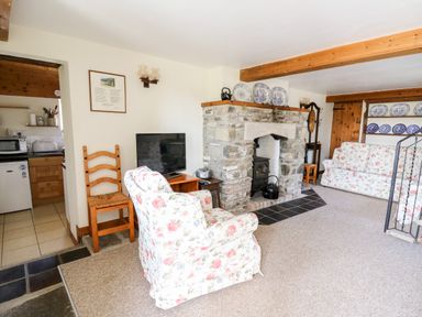 A living room with floral armchairs a stone fireplace and a television at Llety'r Wennol Ffarmers near Lampeter
