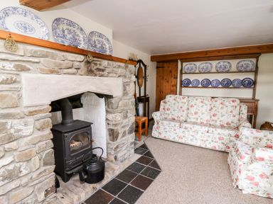 A living room with a stone fireplace a wood stove floral sofa and blue and white plates on shelves at Llety'r Wennol in Ffarmers near Lampeter