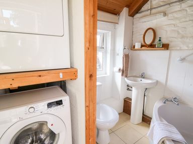 A bathroom with a washing machine dryer toilet sink and bathtub at Llety'r Wennol Ffarmers near Lampeter