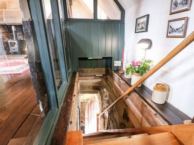 A wooden staircase leading down to a stone door with a wooden handrail and flower pots on a shelf at Porters Lodge in Polesworth