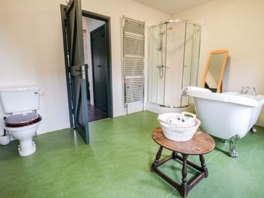 A bathroom with a toilet a freestanding bathtub a glass shower a wooden table with a basket and a full-length mirror at Porters Lodge in Polesworth