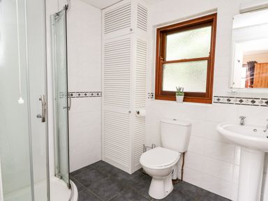 A bathroom with a shower enclosure toilet pedestal sink and a window at Penlon in Capel Bangor near Aberystwyth