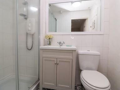 A bathroom with a shower, a sink cabinet, a toilet, and a large mirror at Church Farmhouse in Winsham