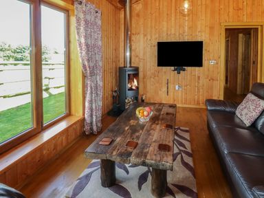 A living room with wooden walls a rustic coffee table a fruit bowl a leather sofa a flat screen tv and a wood stove at Barn Shelley Lodge in Copplestone near Crediton