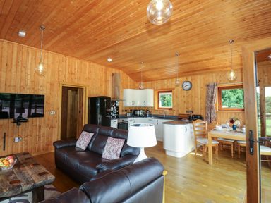 An open plan living room with leather sofas a rustic wooden coffee table and a kitchen with white cabinets and dining table at Barn Shelley Lodge Copplestone near Crediton