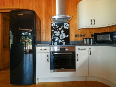 A kitchen with a black refrigerator white cabinets an oven a stovetop a microwave and a floral patterned backsplash at Barn Shelley Lodge in Copplestone near Crediton
