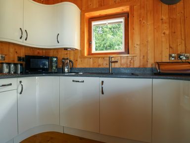 A kitchen with white cabinets black countertop a microwave kettle and window with wooden walls at Barn Shelley Lodge in Copplestone near Crediton