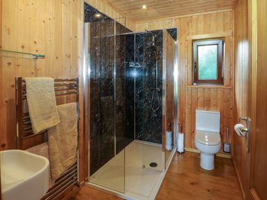 A bathroom with a shower enclosure toilet towel rack and a small window at Barn Shelley Lodge in Copplestone near Crediton