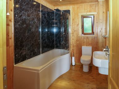 A bathroom with a bathtub shower unit toilet and sink with wooden walls and flooring at Barn Shelley Lodge Copplestone near Crediton
