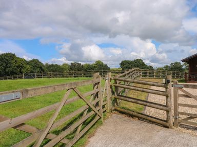 A wooden fence gate opening to a grassy field with trees in the background at Barn Shelley Lodge Copplestone near Crediton