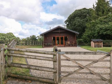 A wooden cabin with a gravel driveway and wooden gate surrounded by trees at Barn Shelley Lodge in Copplestone near Crediton