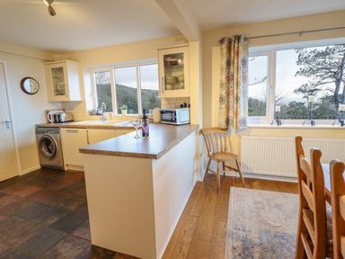 A kitchen with a countertop holding wine glasses and a bottle next to a washing machine and toaster near windows with a chair and dining table at The Villa in Harlech