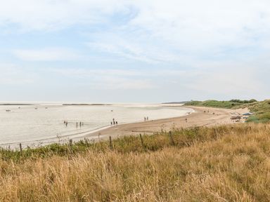 A beach with people walking and swimming near the shore with boats in the water and grassy dunes nearby at 3B Coastguard Cottages in Low Newton-By-The-Sea