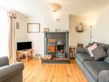 A living room with a fireplace a television on a wooden table and sofas at 3B Coastguard Cottages in Low Newton-By-The-Sea