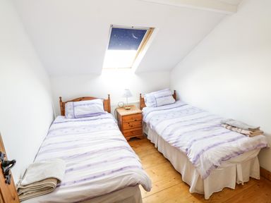 A bedroom with two single beds a wooden nightstand and a skylight window at The Old School House in Gortermone near Carrigallen County Leitrim