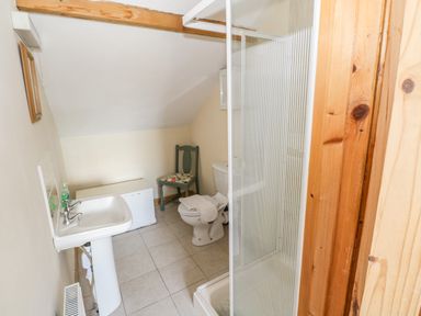 A bathroom with a pedestal sink, toilet, chair, and shower at The Old School House in Gortermone near Carrigallen County Leitrim