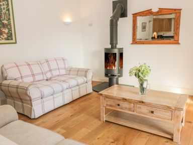 A living room with a plaid sofa wooden coffee table with flowers wood burning stove and a framed mirror at Hen Stabl in Llangoed near Beaumaris