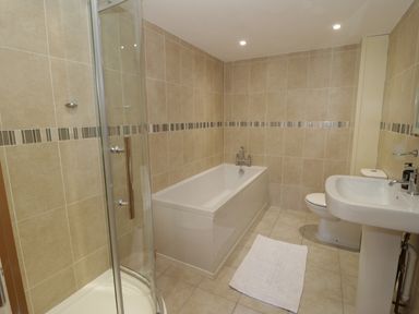 A bathroom with a shower enclosure bathtub sink toilet and a white rug on the floor at Hen Stabl in Llangoed near Beaumaris