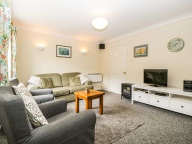 A living room with green sofa gray armchairs wooden coffee table television and white cabinet at Wye Valley Cottage Symonds Yat