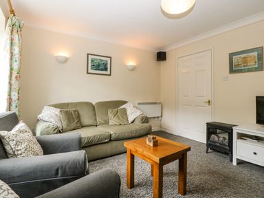 A living room with a green sofa grey armchairs wooden coffee table and electric fireplace at Wye Valley Cottage in Symonds Yat