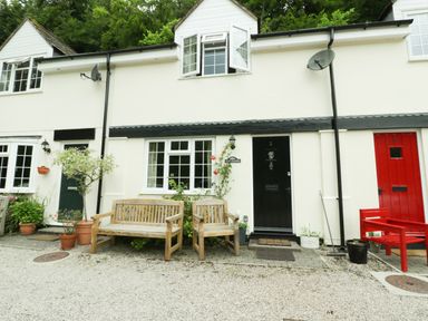 The front of a white terraced house with wooden benches and potted plants outside at Wye Valley Cottage in Symonds Yat