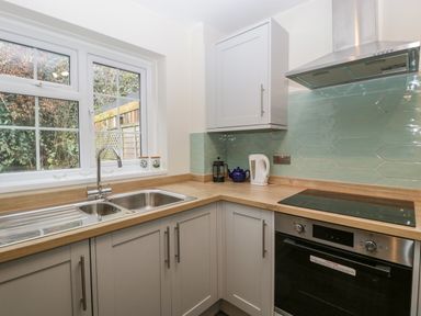 A kitchen with a dual sink under a window a kettle a teapot and a stove with an oven at Wye Valley Cottage Symonds Yat