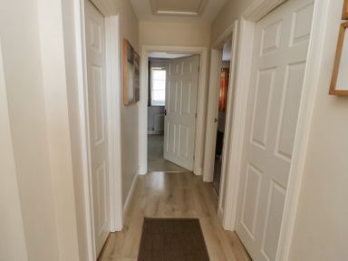 A hallway with multiple white doors and a rug on a wooden floor at Orchard Lodge in Warkworth