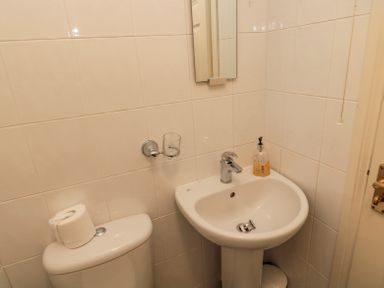 A small bathroom with a toilet, a sink, a mirror, and a soap dispenser at Orchard Lodge in Warkworth