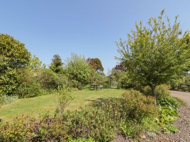 A garden with trees shrubs a picnic bench and a gravel pathway at Orchard Lodge in Warkworth
