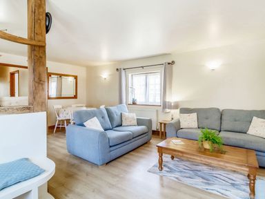 A living room with blue sofas and a wooden coffee table with a plant at Horseshoe in Little Glemham near Wickham Market