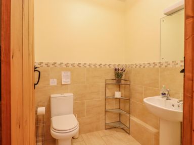 A bathroom with a toilet sink corner shelf and a mirror at Hayloft Cottage in Little Glemham near Wickham Market
